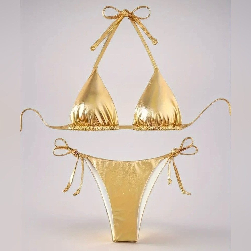 Gold Metallic Triangle Halter Side Tie Bikini Set - Picture 2 of 7
